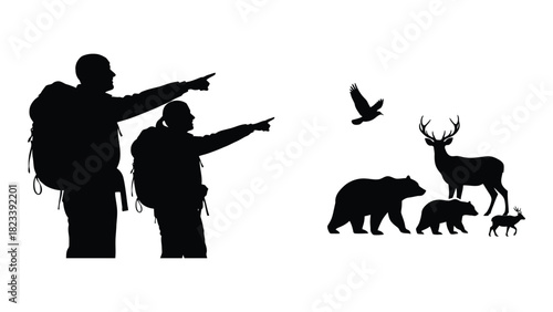Hikers and wildlife silhouettes isolated on white background, Vector
