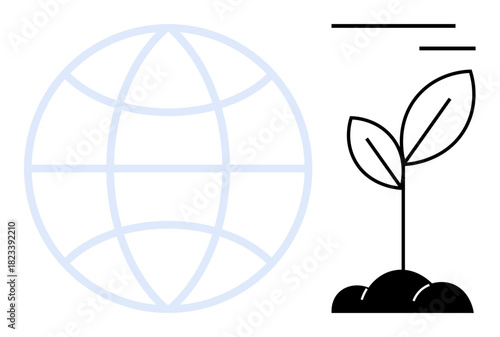 Blue globe outline alongside a sprouting plant with leaves on soil. Ideal for sustainability, growth, ecology, environment, global connection, biodiversity, renewable future themes. Simple flat