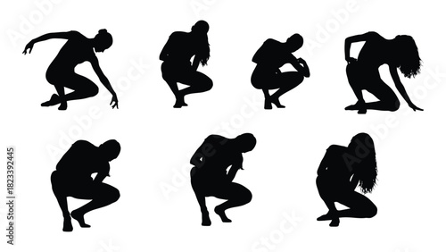 Dynamic female crouching pose silhouettes isolated on white background, Vector