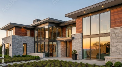 Wallpaper Mural Contemporary residence with large windows, stone siding, and wood siding at golden hour Torontodigital.ca