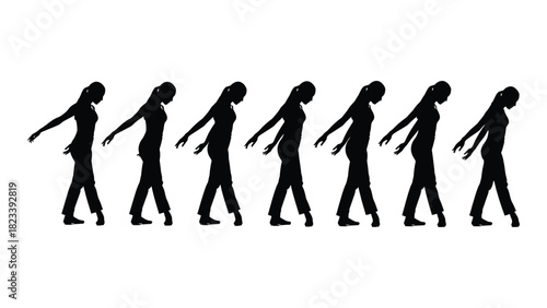 Woman walking silhouettes sequence isolated on white background, Vector