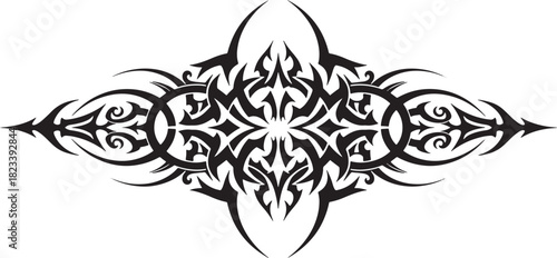 Intricate black vector tribal art design featuring swirling symmetrical patterns, ideal for decorative motifs or tattoo inspiration