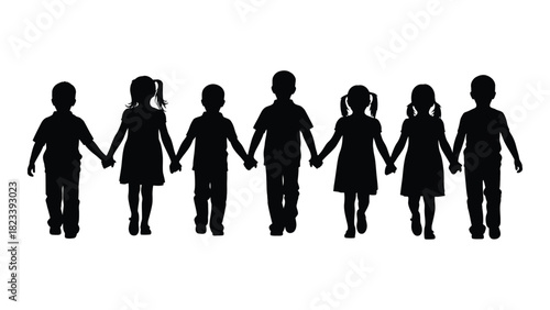 Children holding hands silhouette isolated on white background, Vector