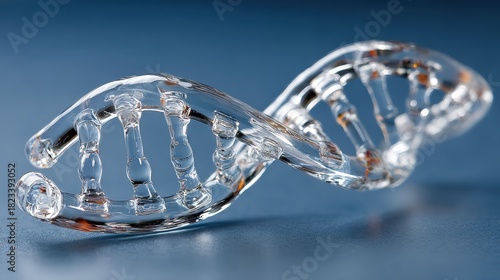 Close up of a clear glass double helix DNA molecule structure with intricate details against a smooth, out of focus blue surface, illuminated by soft studio lighting.