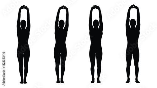 Human silhouettes standing with arms raised overhead isolated on white background, Vector