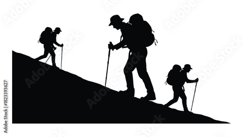 Hikers ascending hill silhouette isolated on white background, Vector