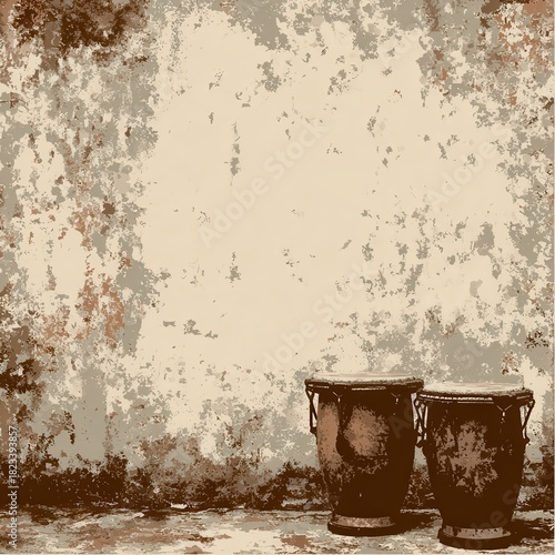 Two bongo drums are positioned in front of a textured wall with an abstract pattern and earthy color palette.