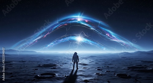 Astronaut standing on alien planet staring at stunning cosmic anomaly with vibrant colors and stars, great for science fiction and space exploration themes