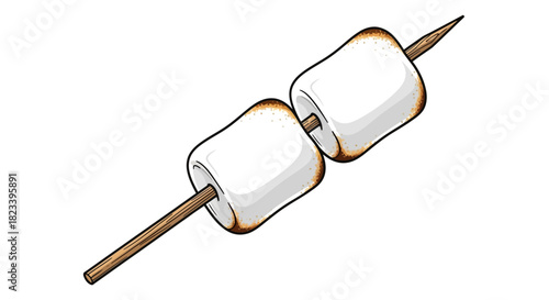 Two toasted marshmallows on a wooden skewer, ready for eating, a campfire treat.