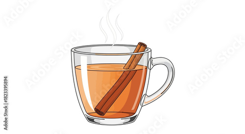 Illustration of a glass mug filled with a beverage and a cinnamon stick.