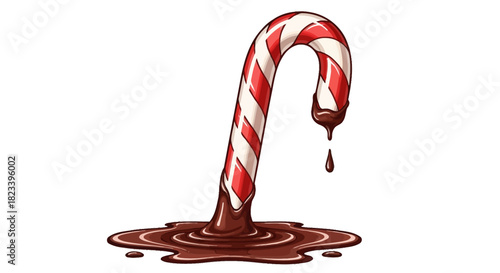 A red and white striped candy cane melting into a puddle of rich brown chocolate on a white background.