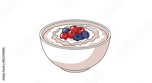 A white bowl filled with oatmeal, topped with a colorful assortment of fresh berries.