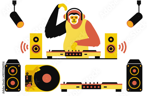 DJする猿と音楽機材のポップなイラストセット