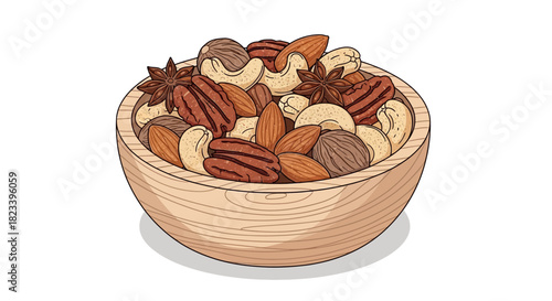 A wooden bowl filled with a delicious assortment of various nuts and star anise, ready for snacking.