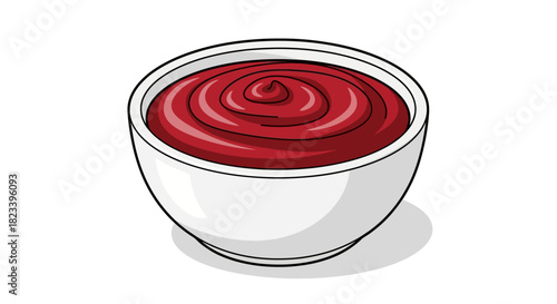 A close-up illustration of a small white bowl filled with red sauce, likely ketchup.