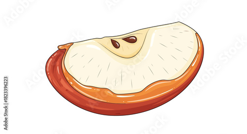 A detailed illustration of a single slice of a red apple, showing seeds and texture.