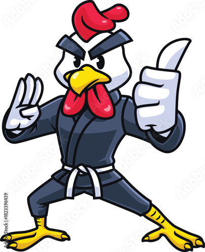 Chicken character wearing martial arts suit with fighting pose