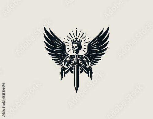 Imposing black vector graphic of a skeleton knight wearing armor and a crown, possessing majestic layered wings, holding a large sword pointed downwards.