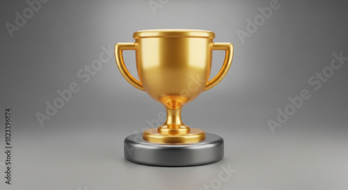 Realistic 3d rendering of a shiny golden trophy cup with two handles resting on a silver base against a subtle gray background, symbolizing victory and achievement