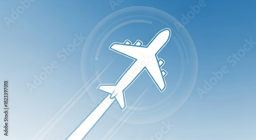 Stylized white outline of a commercial airplane taking off or flying against a light blue gradient sky with subtle circular motion graphic elements