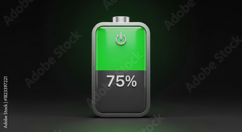 Realistic 3d rendering of a rechargeable battery icon showing 75 percent charge level with a green indicator against a dark background