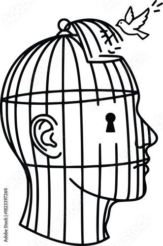 Bird of Freedom Escaping from Human Head Cage Illustration Black and White