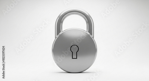 Close up of a shiny silver metal padlock with a keyhole centered against a bright, clean, symbolizing security and protection
