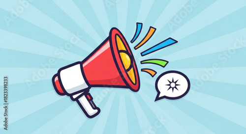 Cartoon illustration of a red and white megaphone making an announcement with colorful sound waves and a speech bubble on a light blue striped background