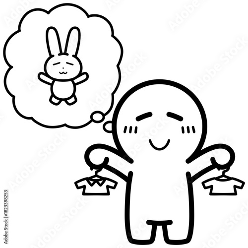 ぬいぐるみに着せる服を選ぶ人物　イラスト
