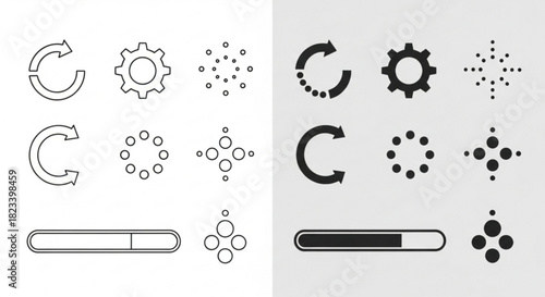 Set of loading, processing, refresh, and progress icons in outline and solid style for user interface design element