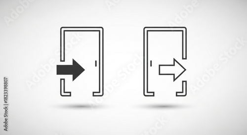 Set of two line art icons representing entry and exit, one solid and one outline, symbolizing access, login, or direction