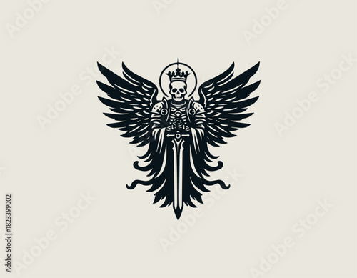 Imposing black vector graphic of a skeleton knight wearing armor and a crown, possessing majestic layered wings, holding a large sword pointed downwards.