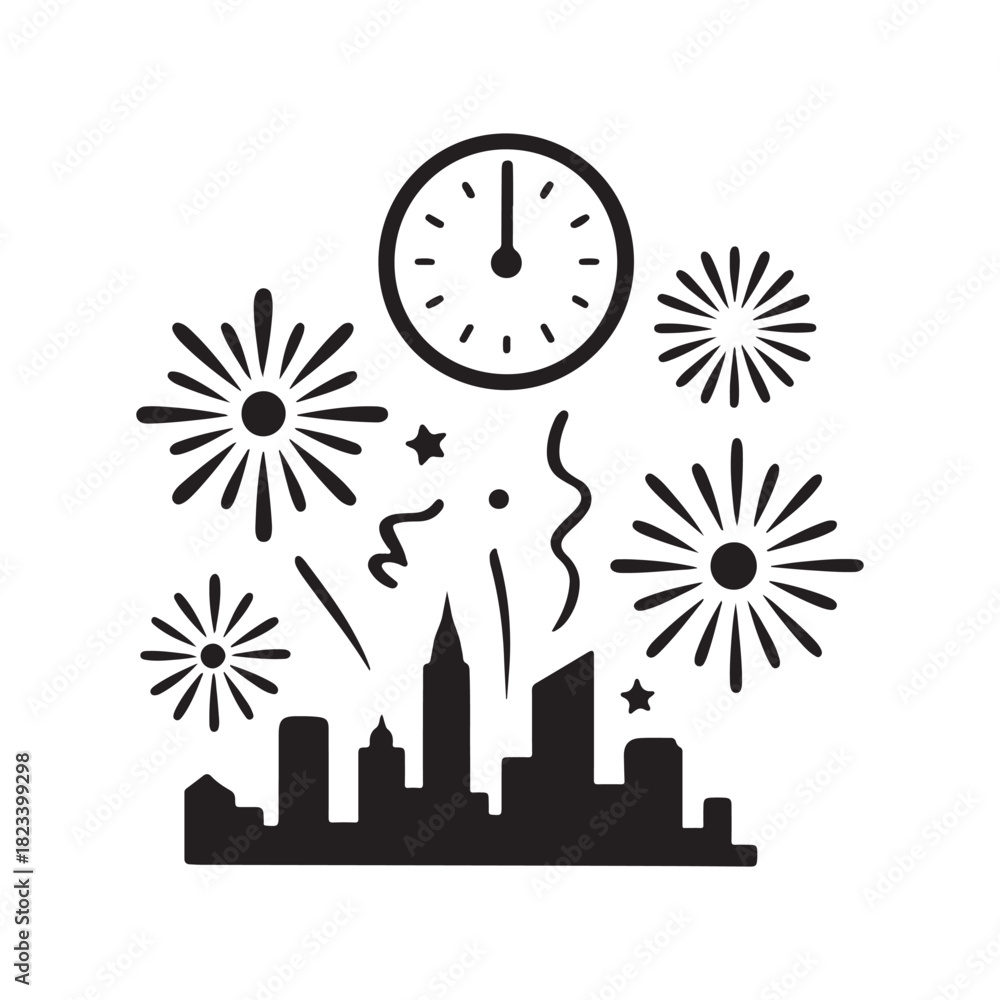 Fototapeta premium City skyline celebrates New Year's Eve with fireworks and a clock nearing midnight