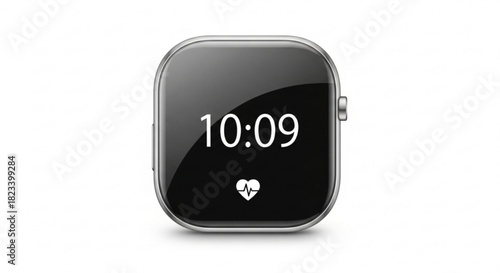 Closeup of a modern square smartwatch displaying the time 1009 and a heart rate icon