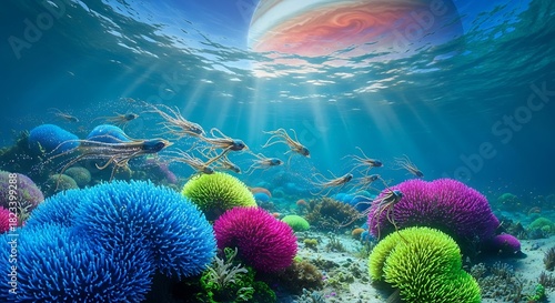 Fototapeta Naklejka Na Ścianę i Meble -  Dive into a vibrant underwater world with coral reefs and alien-like creatures beneath Jupiter's gaze, a stunning scene for exploration and wonder