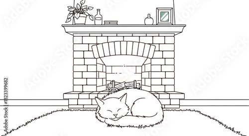 Cat fireplace cozy warm home interior comfort relaxation pet feline animal rest