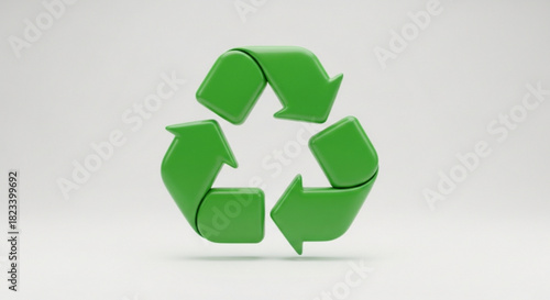 Three dimensional green recycling symbol icon floating against a light gray background representing environmental protection and sustainability concept