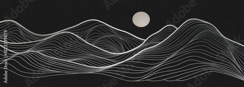 Minimalist Mountain with line art texture. Abstract mountain landscapes backgrounds. mountains range, hills and moonlight. use for wall art prints, poster Art Decoration, banner