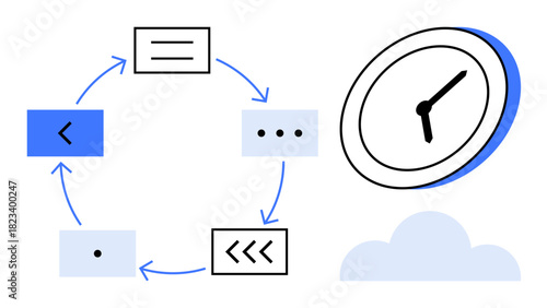 Circular arrows connect process blocks, representing workflow stages. Clock symbolizes time management. Ideal for productivity, planning, scheduling, teamwork, efficiency, process analysis simple