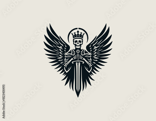 Imposing black vector graphic of a skeleton knight wearing armor and a crown, possessing majestic layered wings, holding a large sword pointed downwards.