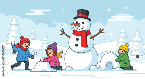 Children playing snow snowman winter fun outdoors cartoon snowballs igloo