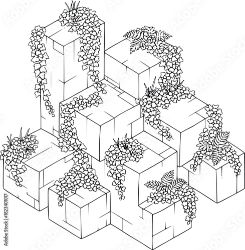 Isometric garden design with stone cubes and plants in black and white illustration
