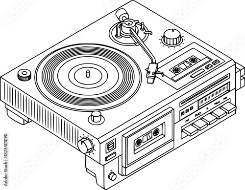Line art illustration of turntable and tape player for music enthusiasts and audiophiles