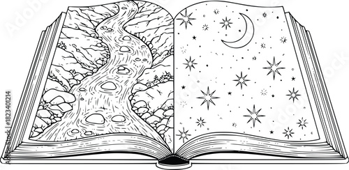 Open book with nature and night sky illustrations evokes storytelling and imagination