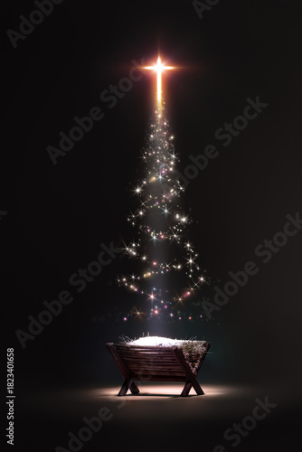 A bright, large star in the shape of a cross illuminates baby Jesus in a manger, a Christmas and Christmas tree background celebrating the birth of Jesus.
