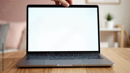 Modern remote work setup showing a hand opening a slim portable computer with a blank screen, ready for mockup on a wooden surface