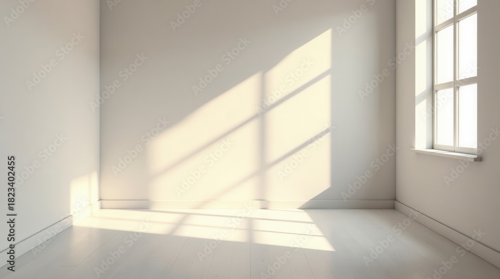 Fototapeta premium Empty Room with Sunlight Streaming Through a Window Illuminating the Floor and Walls