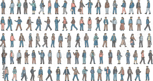 Diverse people illustration, 100 character vector set, fashion outfit variety, demographic design elements, casual and semi-formal style, crowd graphic collection