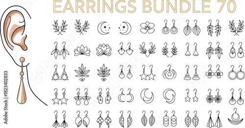 Earring bundle collection, 70 styles vector, fashion jewelry design, boho and modern earrings, black line art, accessory illustration set