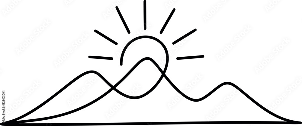 Obraz premium Black line art sun rising over abstract mountains sunrise nature